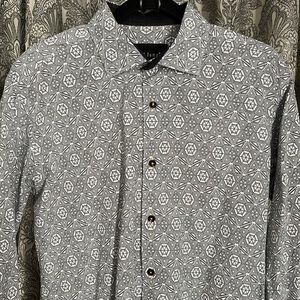 Geometric gray and white shirt with orange stitching accent